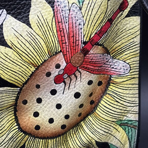 Anuschka Leather Hand Painted Dragonflies & Sunflowers Handbag - Picture 10 of 16